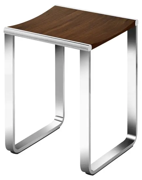 Moderner Tisch mit einem gebogenen Holzoberteil in dunkler Holzoptik und eleganten, verchromten Stahlbeinen. Ideal für stilvolle Einrichtung.